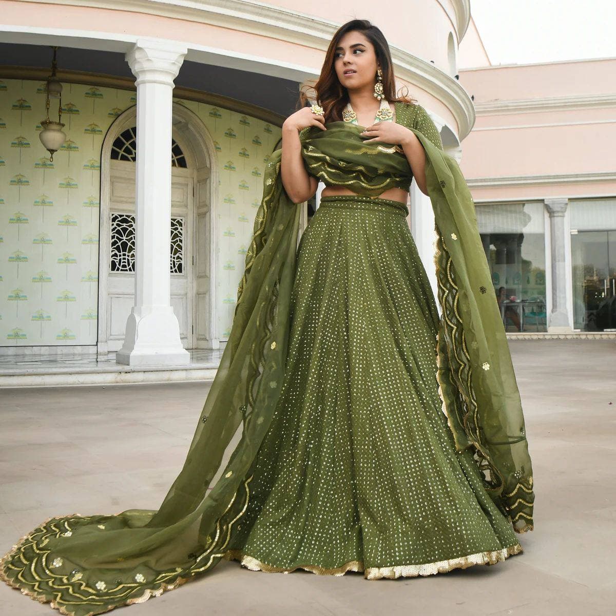 Olive Green Lehenga Choli In Georgette With Sequence Work
