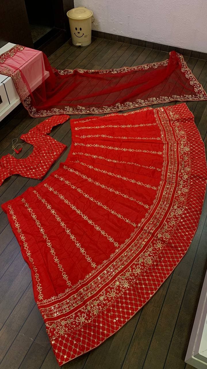 Red Lehenga Choli In Heavy Slub Silk With Sequence Zari Work