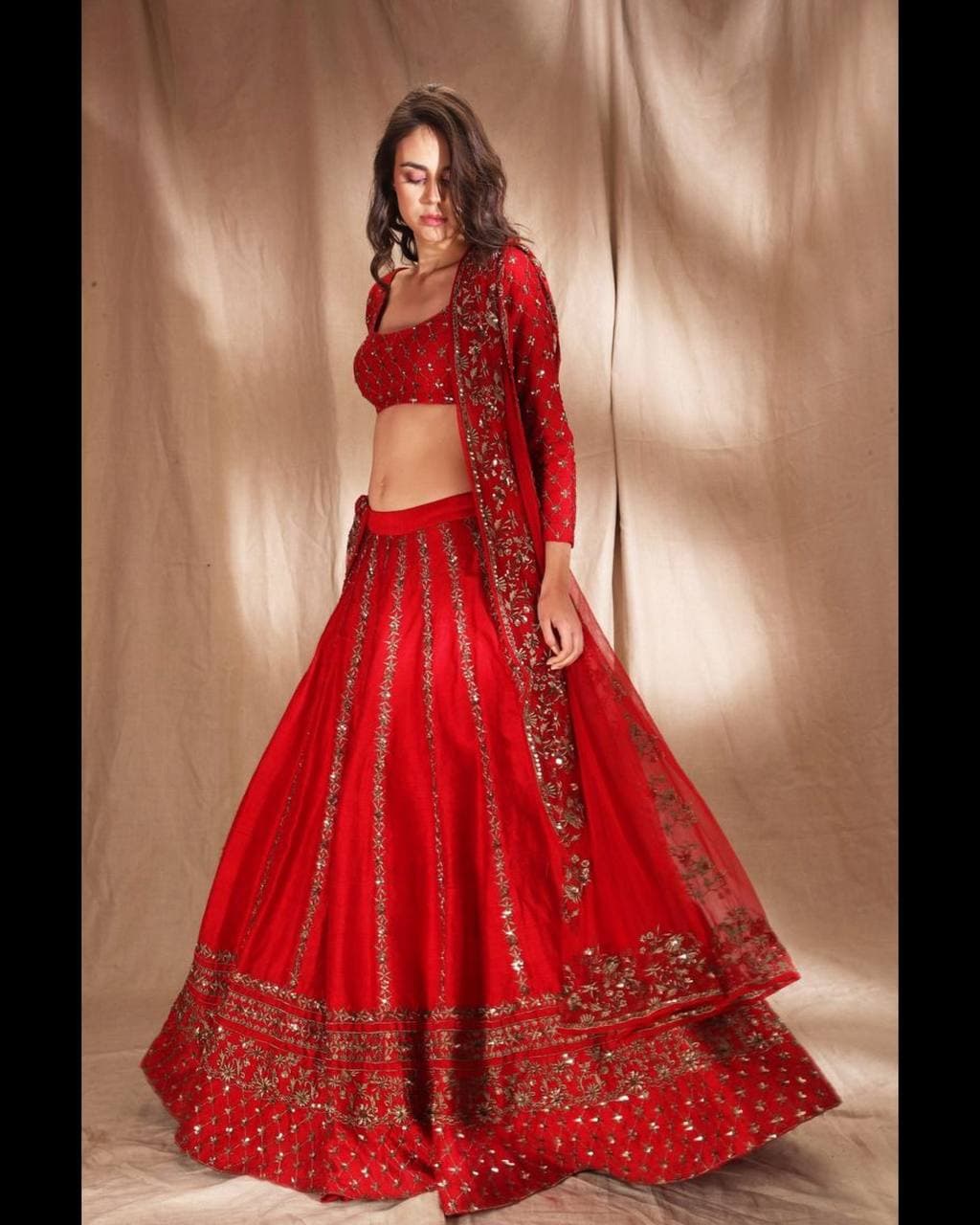 Red Lehenga Choli In Heavy Slub Silk With Sequence Zari Work