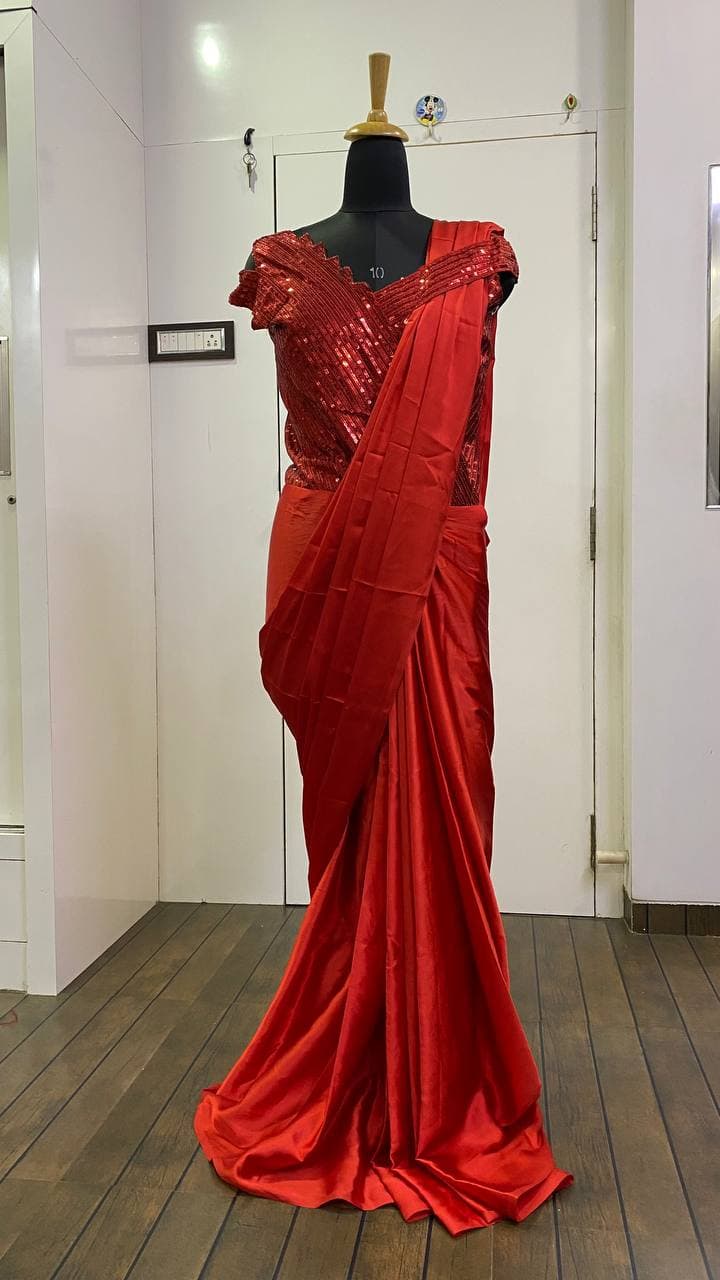 Red Saree In Japan Satin Silk