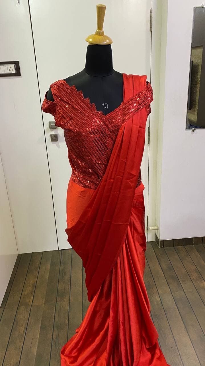 Red Saree In Japan Satin Silk