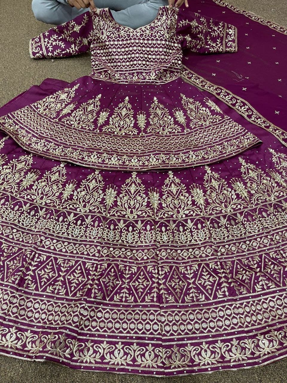 Wine Sharara Suit In Heavy Mono Silk With Embroidery Work