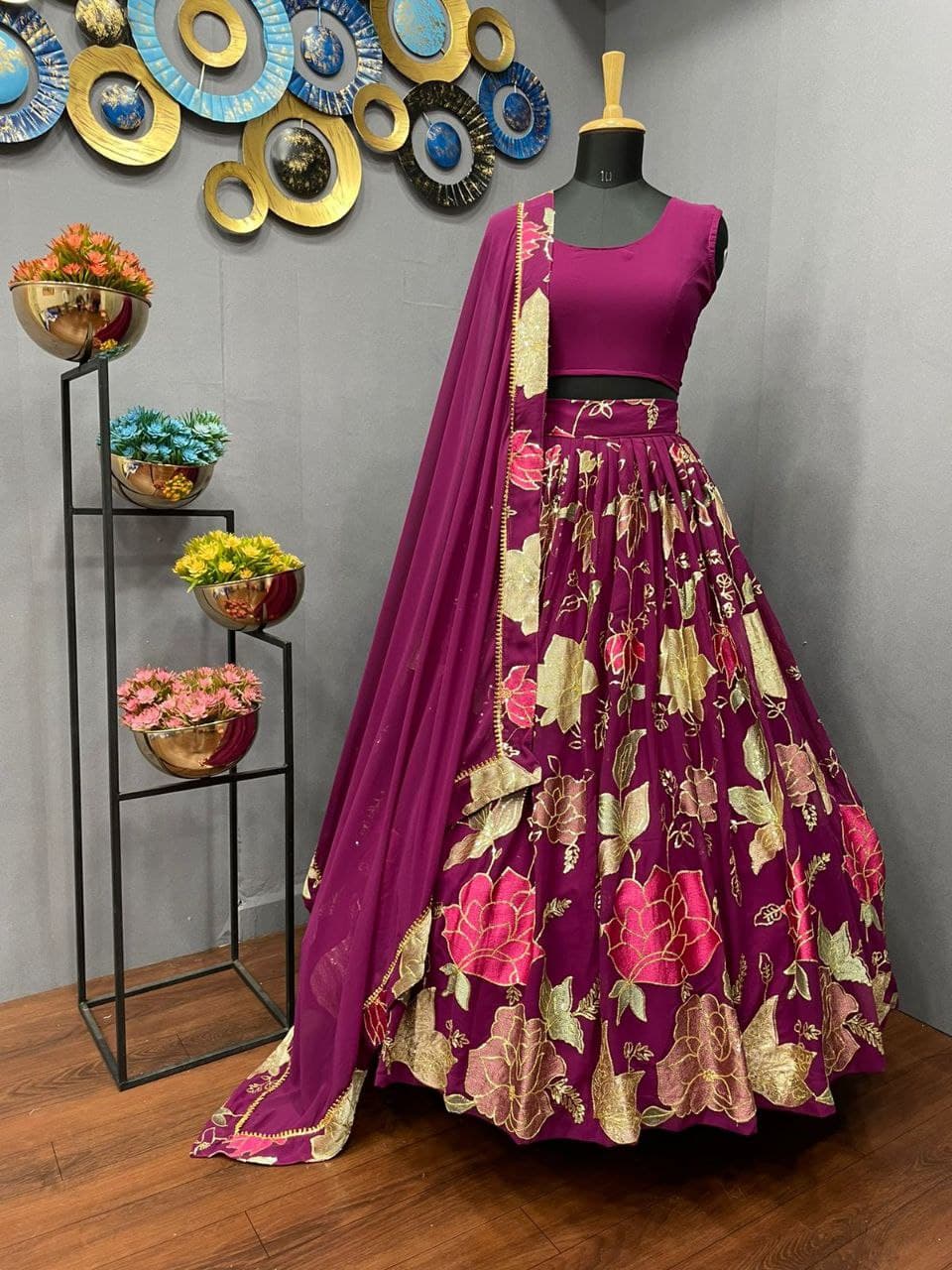 Wine Lehenga Choli In Georgette Silk With Embroidery Work