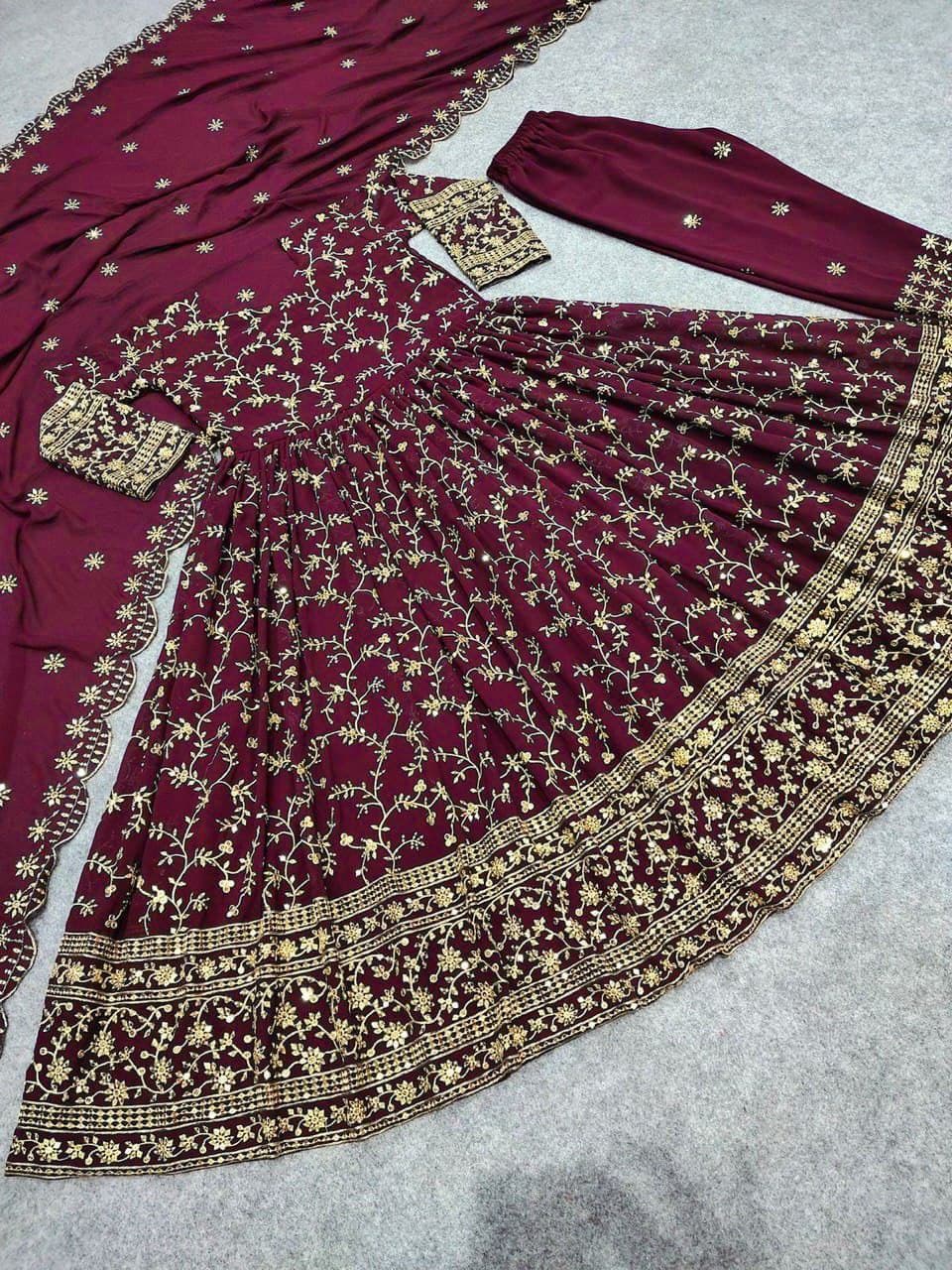 Maroon Gown In Fox Georgette With Embroidery Work