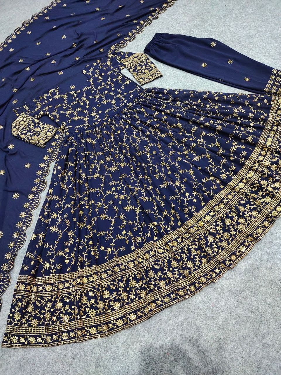 Navy Blue Gown In Fox Georgette With Embroidery Work