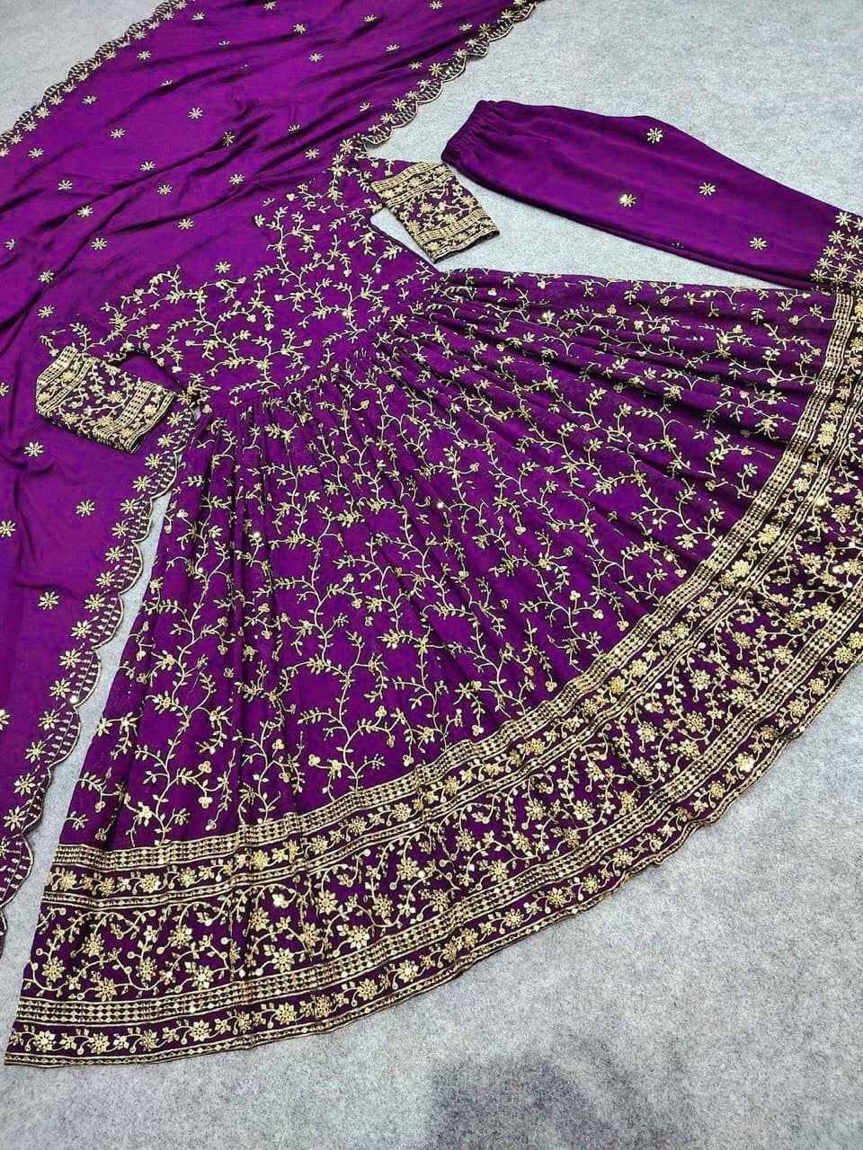 Purple Gown In Fox Georgette With Embroidery Work