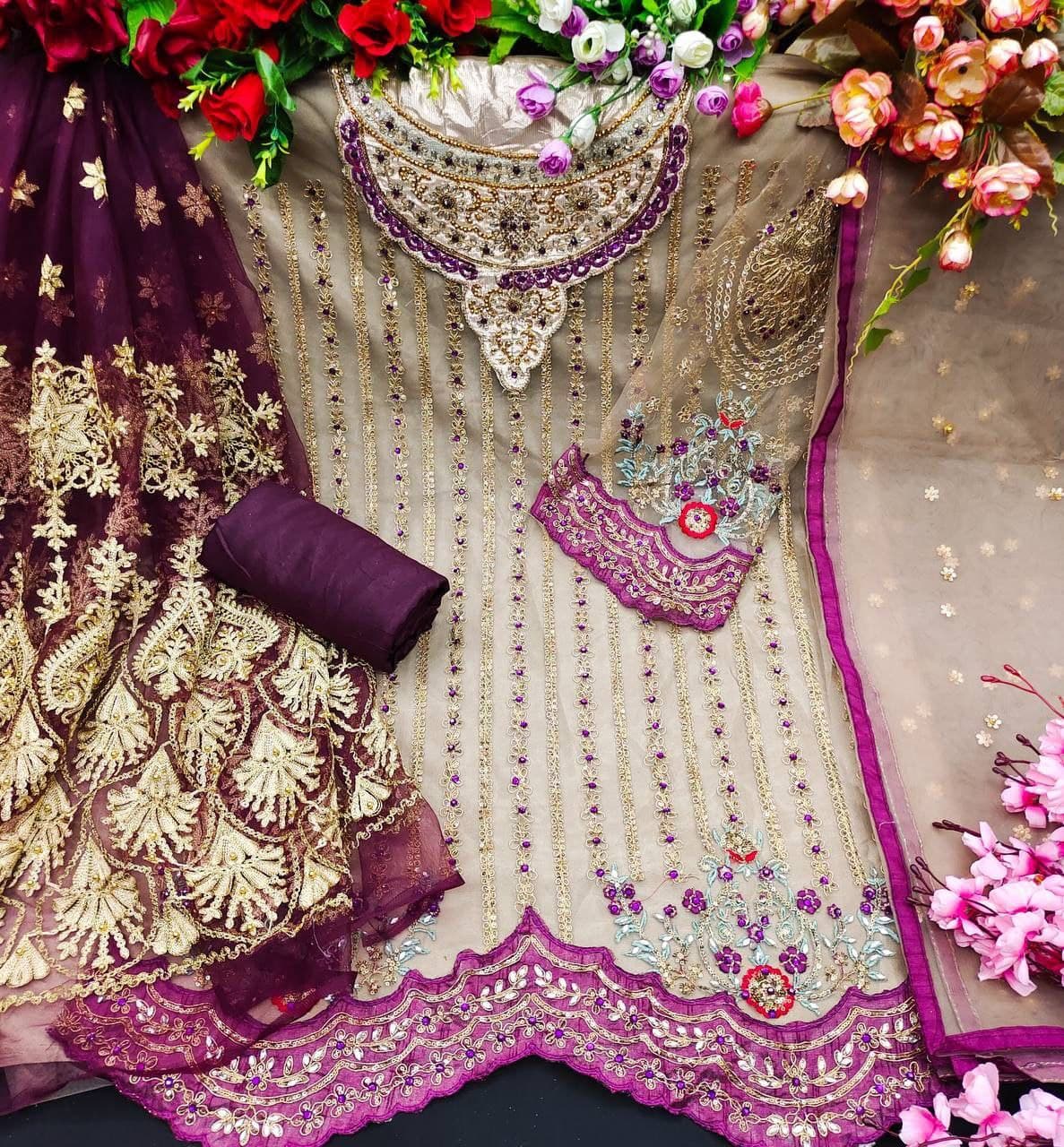 Cream Sharara Suit In Butterfly Mono Net With Embroidery Work