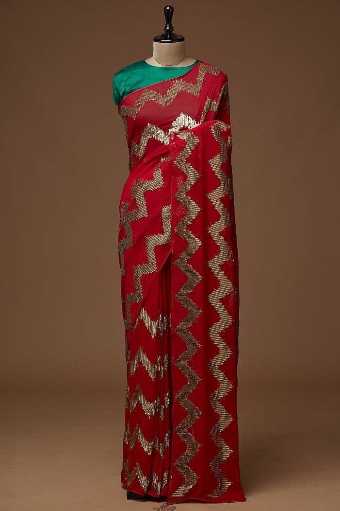 Red Saree In Heavy Georgette With Sequence Embroidery Work