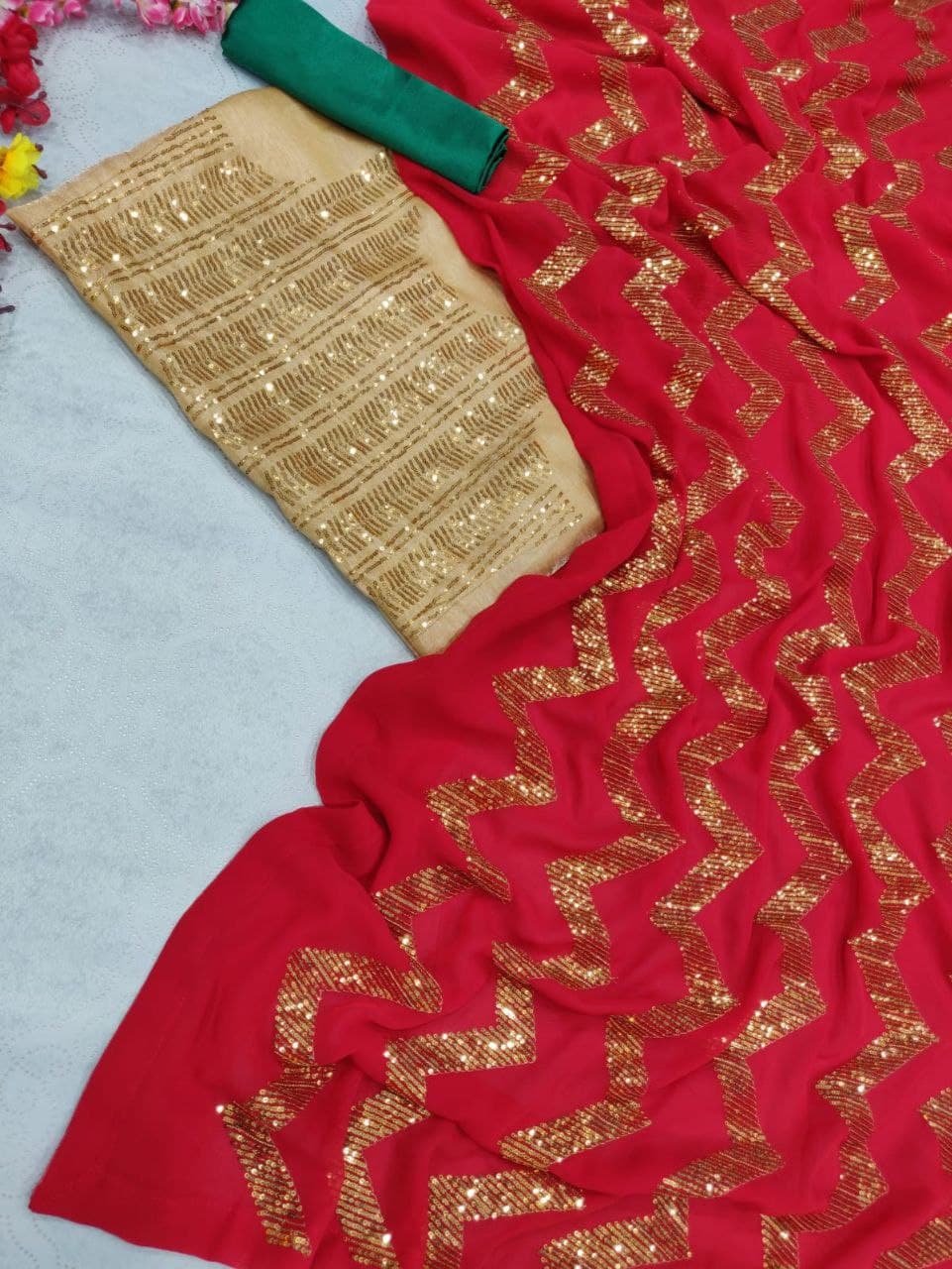 Red Saree In Heavy Georgette With Sequence Embroidery Work