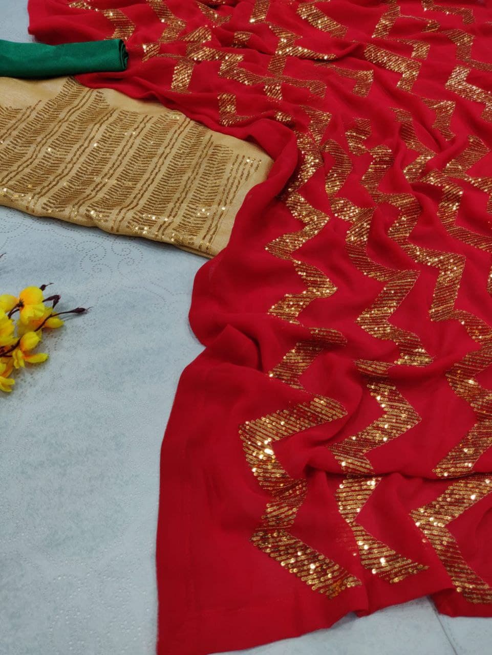 Red Saree In Heavy Georgette With Sequence Embroidery Work