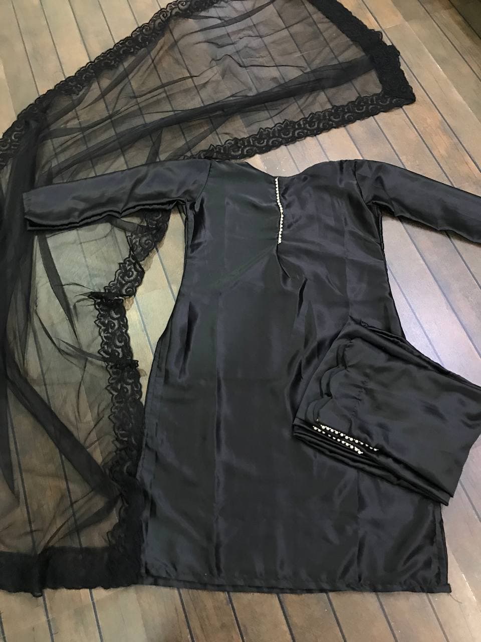 Black Salwar Suit In Japan Silk With Pearl Work