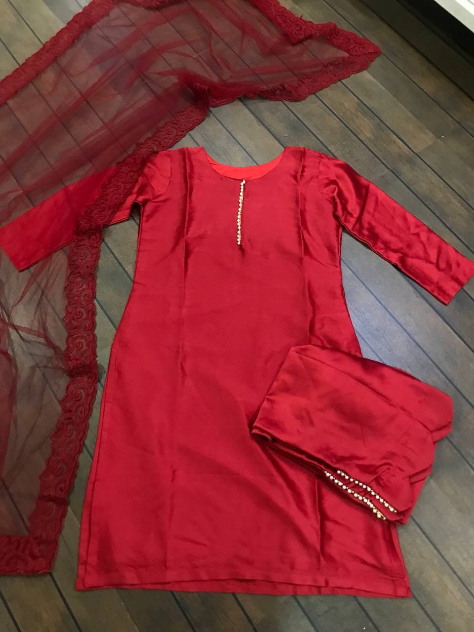 Red Salwar Suit In Japan Silk With Pearl Work