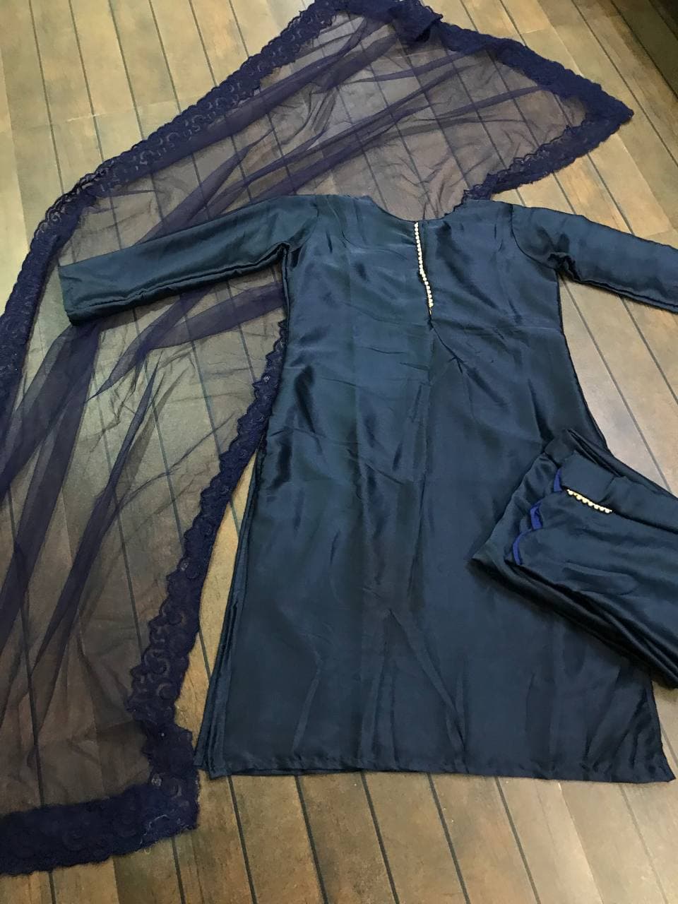 Navy Blue Salwar Suit In Japan Silk With Pearl Work