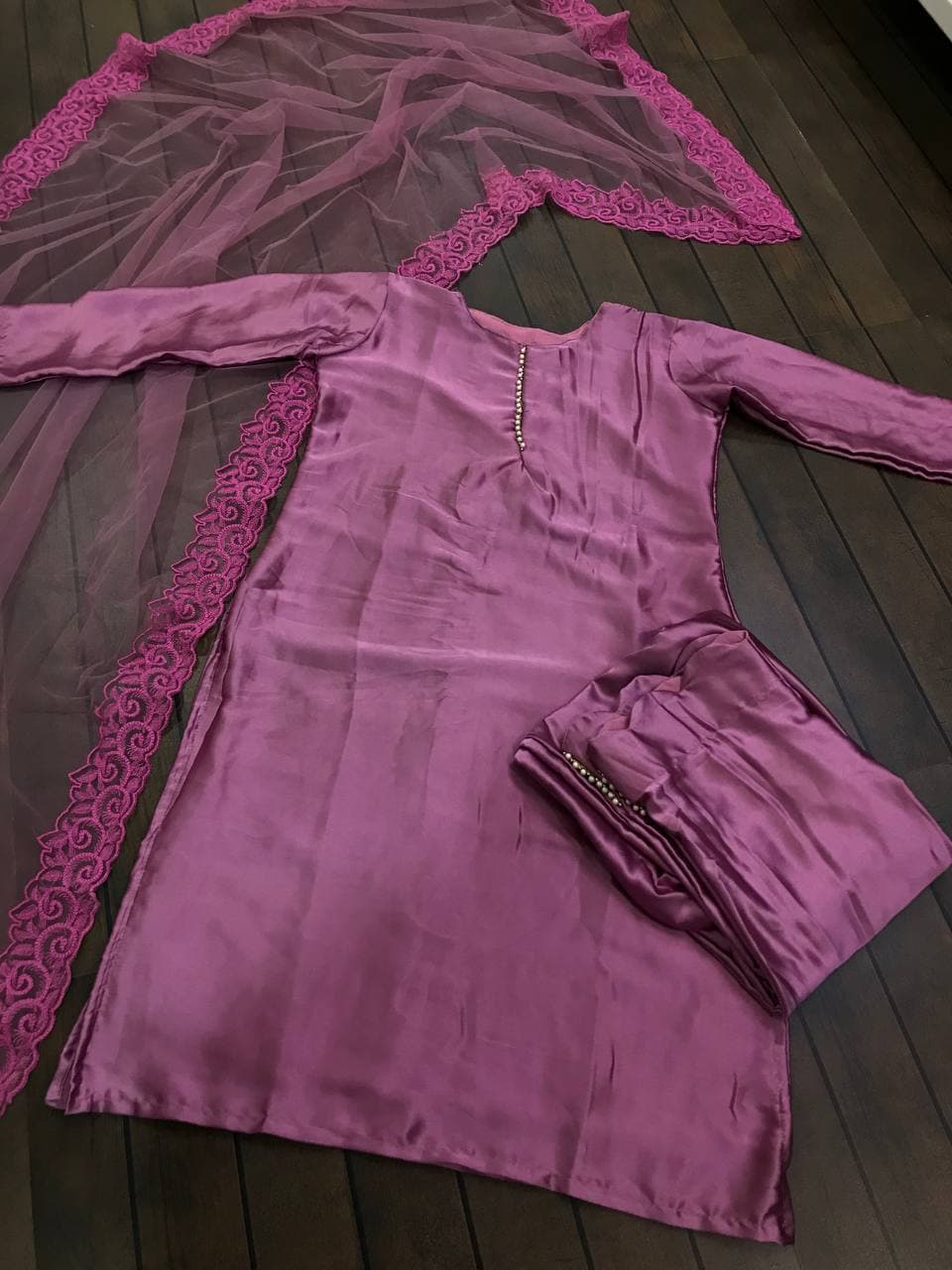 Purple Salwar Suit In Japan Silk With Pearl Work