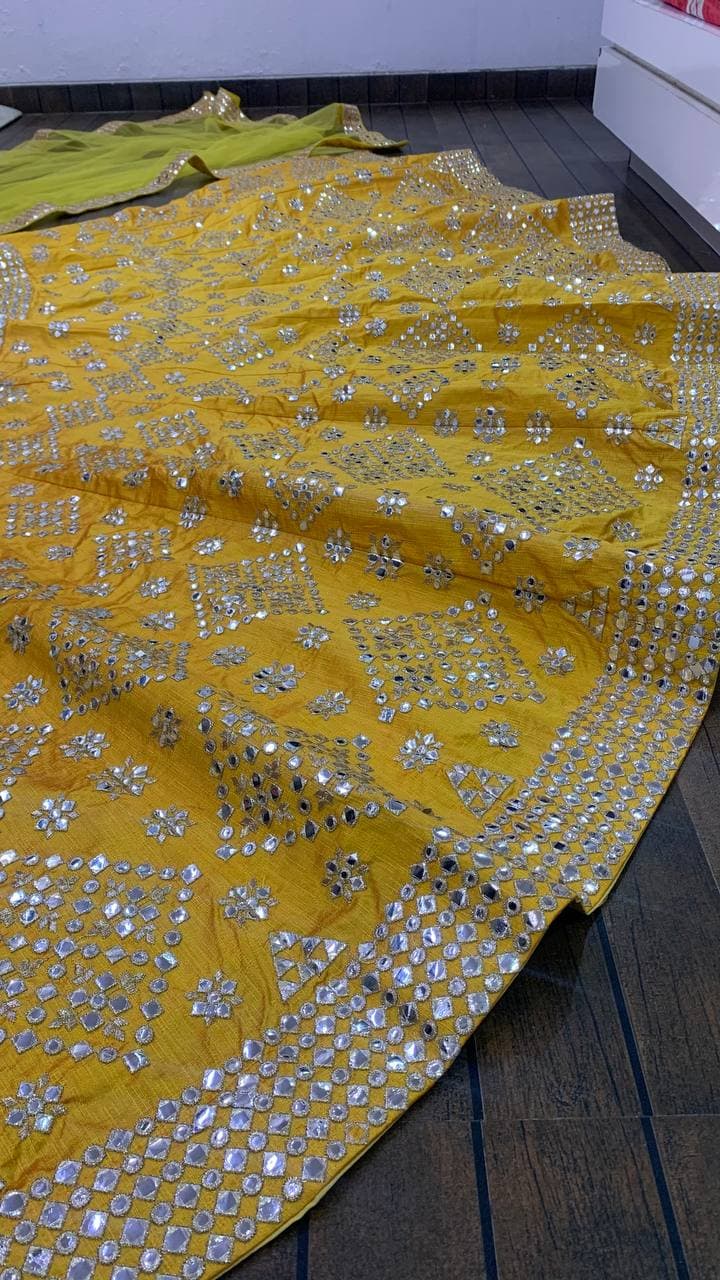 Yellow Lehenga Choli In Mulberry Silk With Paper Mirror Work