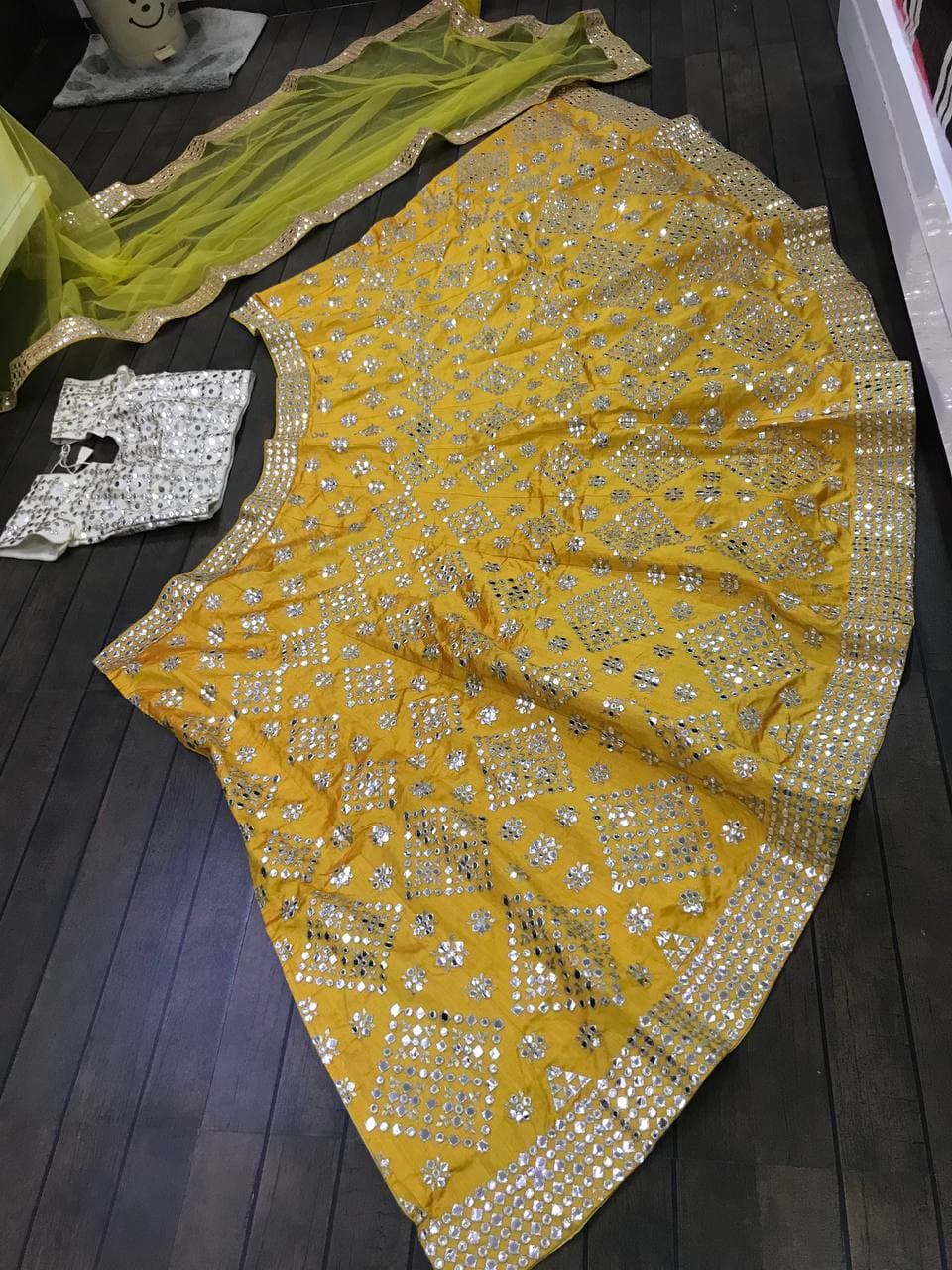 Yellow Lehenga Choli In Mulberry Silk With Paper Mirror Work