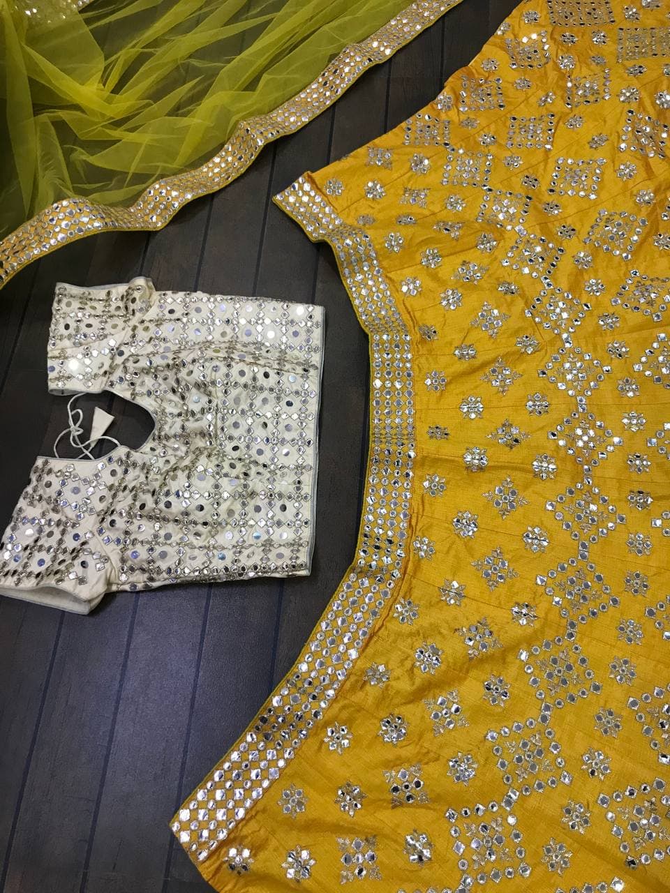 Yellow Lehenga Choli In Mulberry Silk With Paper Mirror Work