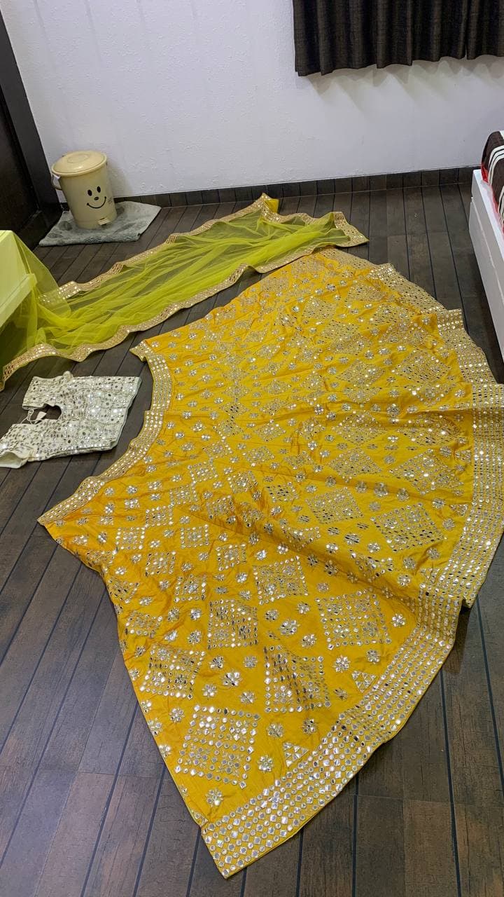 Yellow Lehenga Choli In Mulberry Silk With Paper Mirror Work