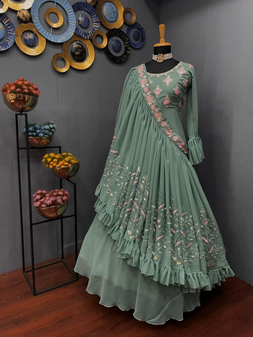 Olive Green Gown In Georgette Silk With Thread Work