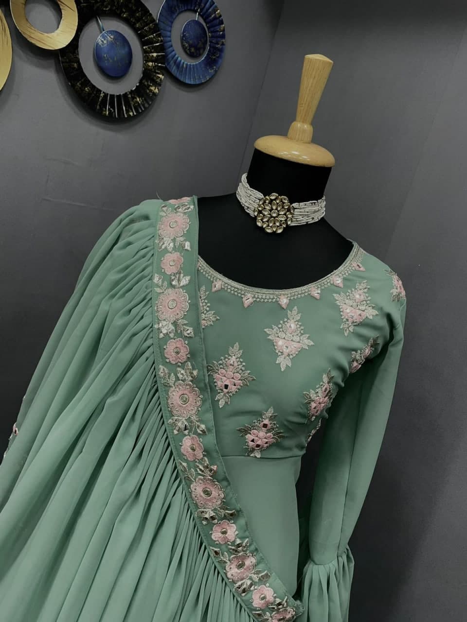 Olive Green Gown In Georgette Silk With Thread Work