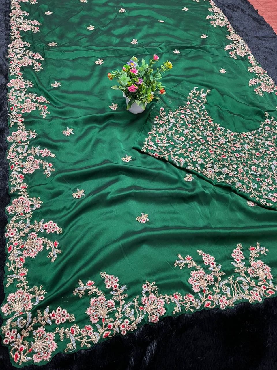 Green Saree In Kasturi Silk Georgette With Fancy Dori Work