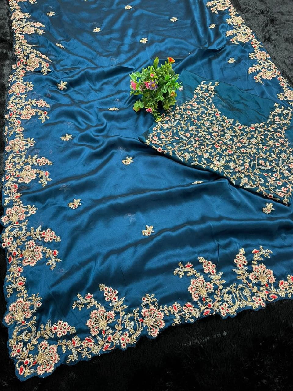 Blue Saree In Kasturi Silk Georgette With Fancy Dori Work