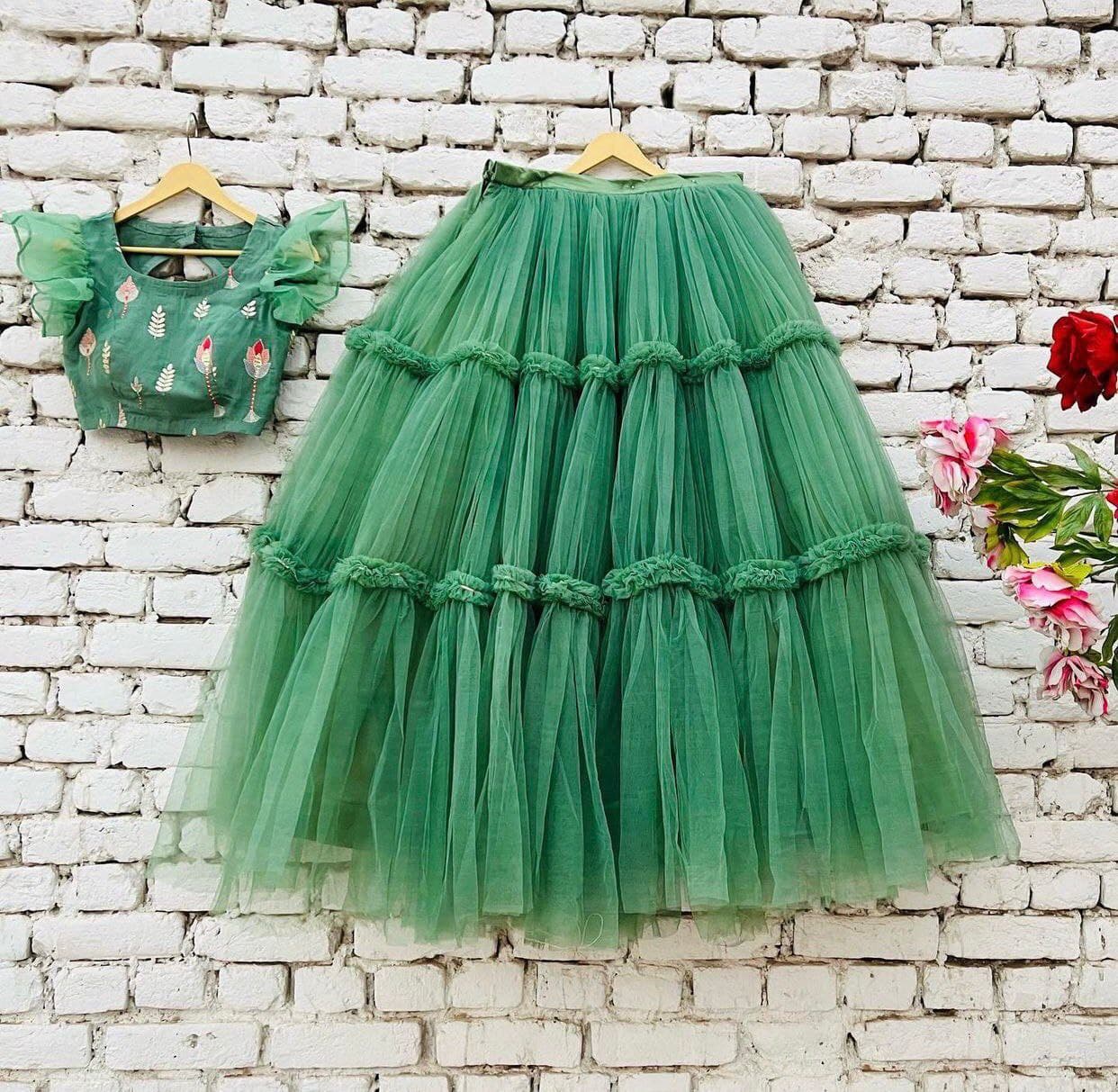 Green Lehenga Choli In Butterfly Mono Net With Ruffle Liyar Work