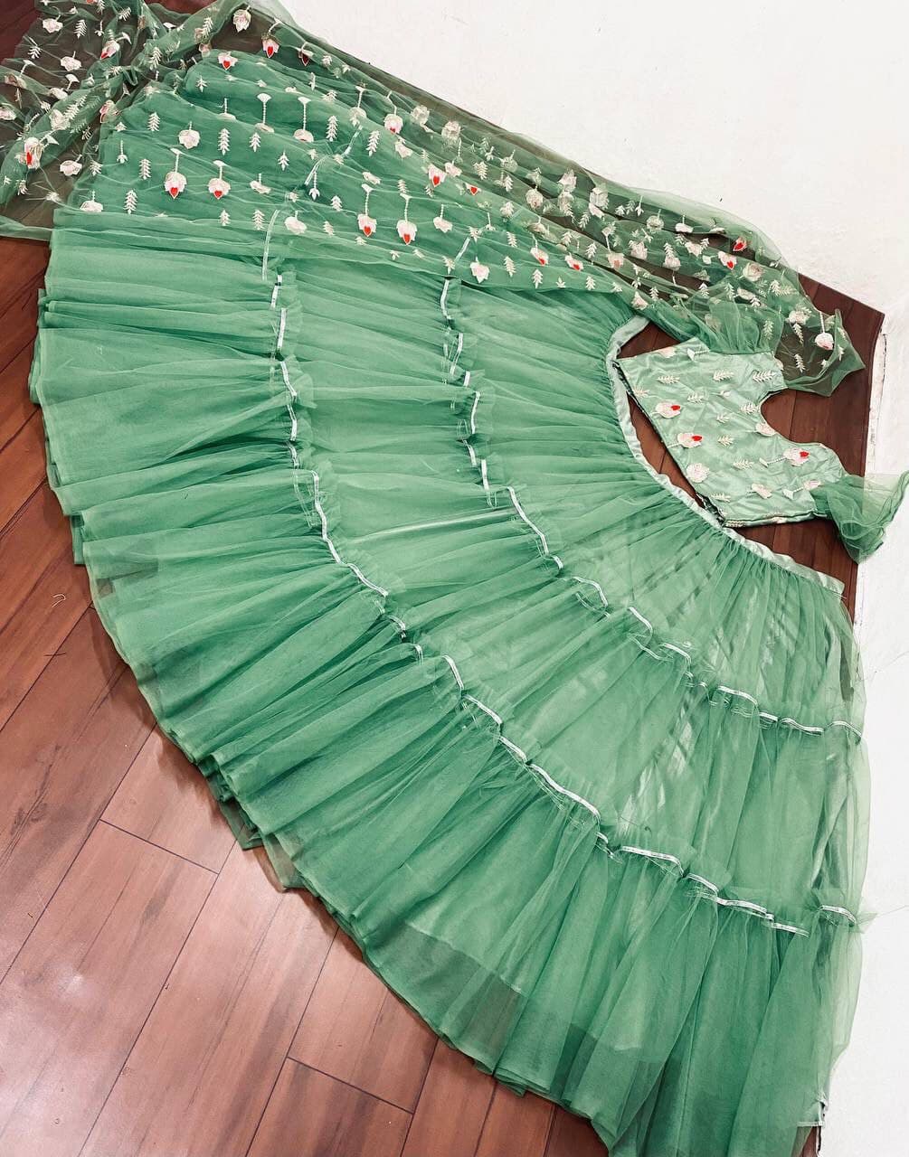 Green Lehenga Choli In Butterfly Mono Net With Ruffle Liyar Work