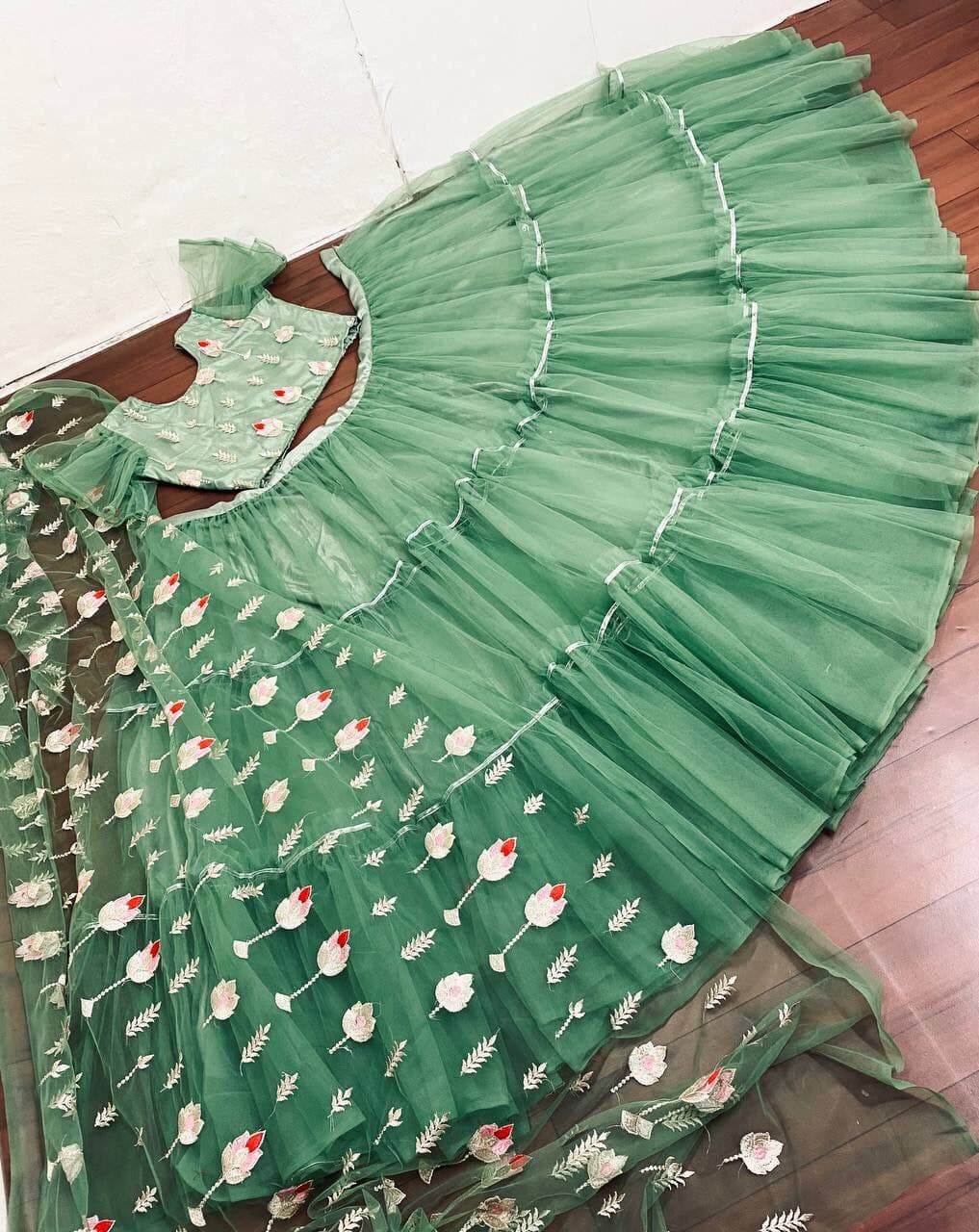 Green Lehenga Choli In Butterfly Mono Net With Ruffle Liyar Work