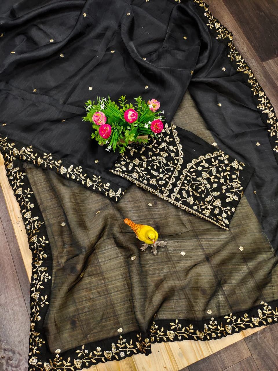 Black Saree In Organza Silk With Multi Zari Work