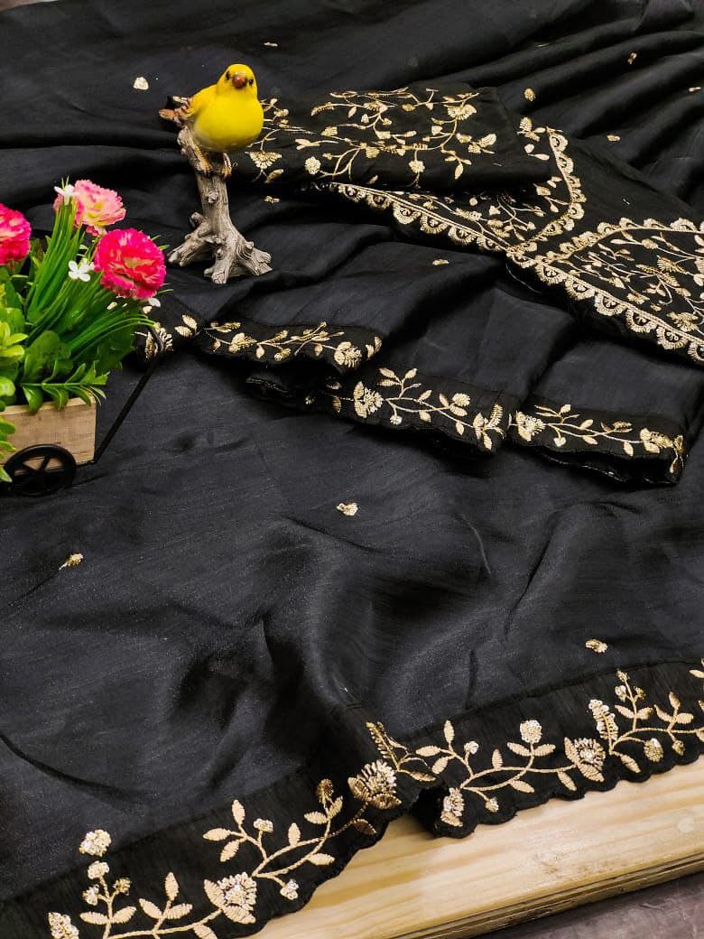 Black Saree In Organza Silk With Multi Zari Work