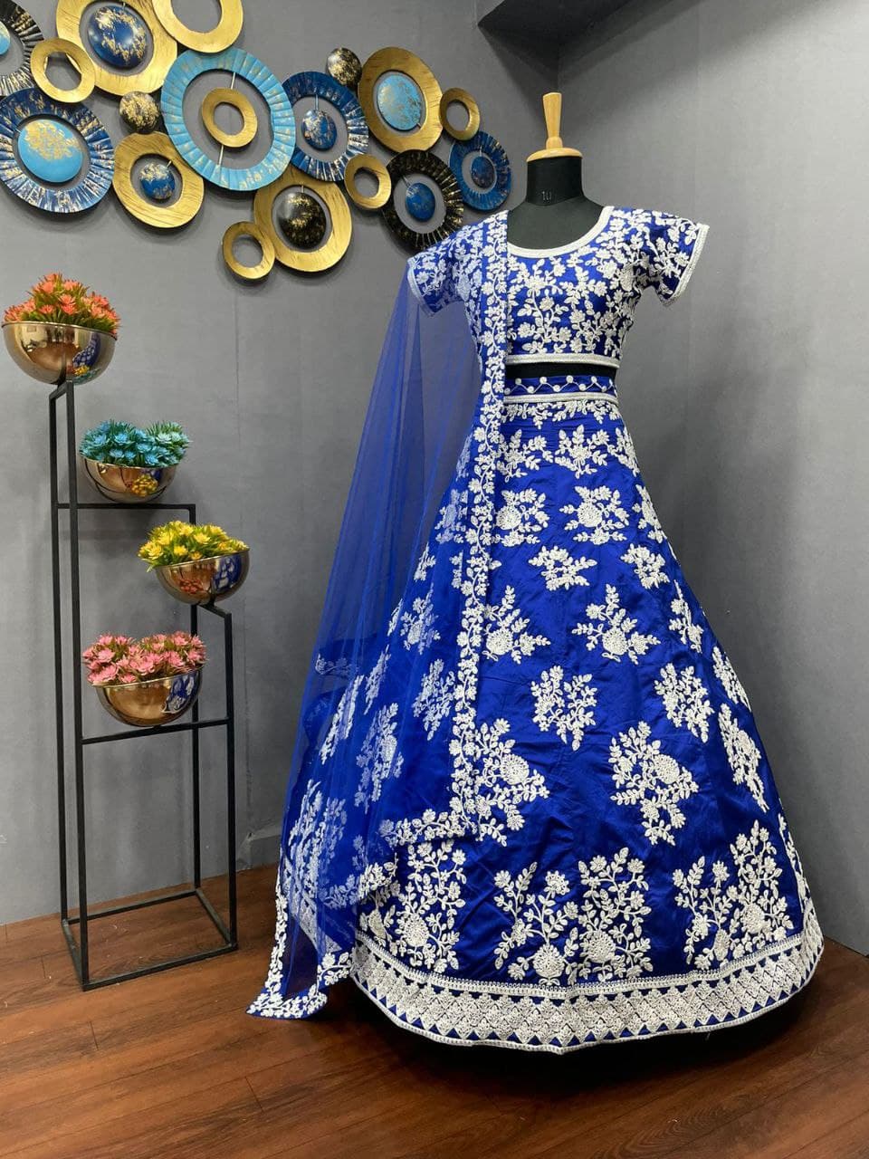 Blue Lehenga Choli In Taffeta Silk With Cording Dori Work