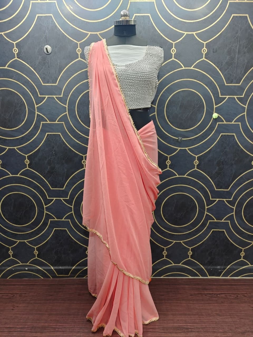 Peach Saree In Georgette Silk With Moti Lace Border Work