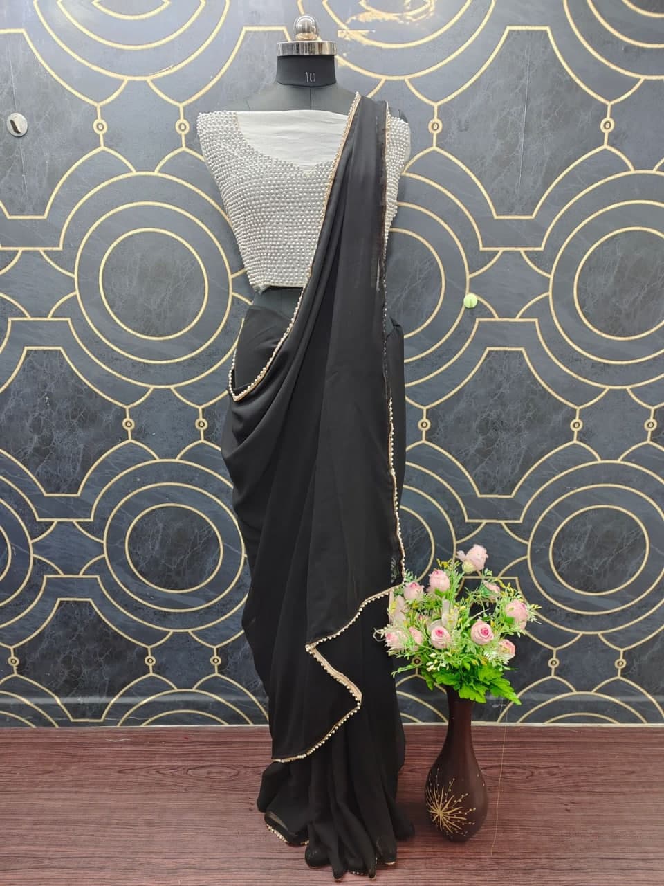 Black Saree In Georgette Silk With Moti Lace Border Work