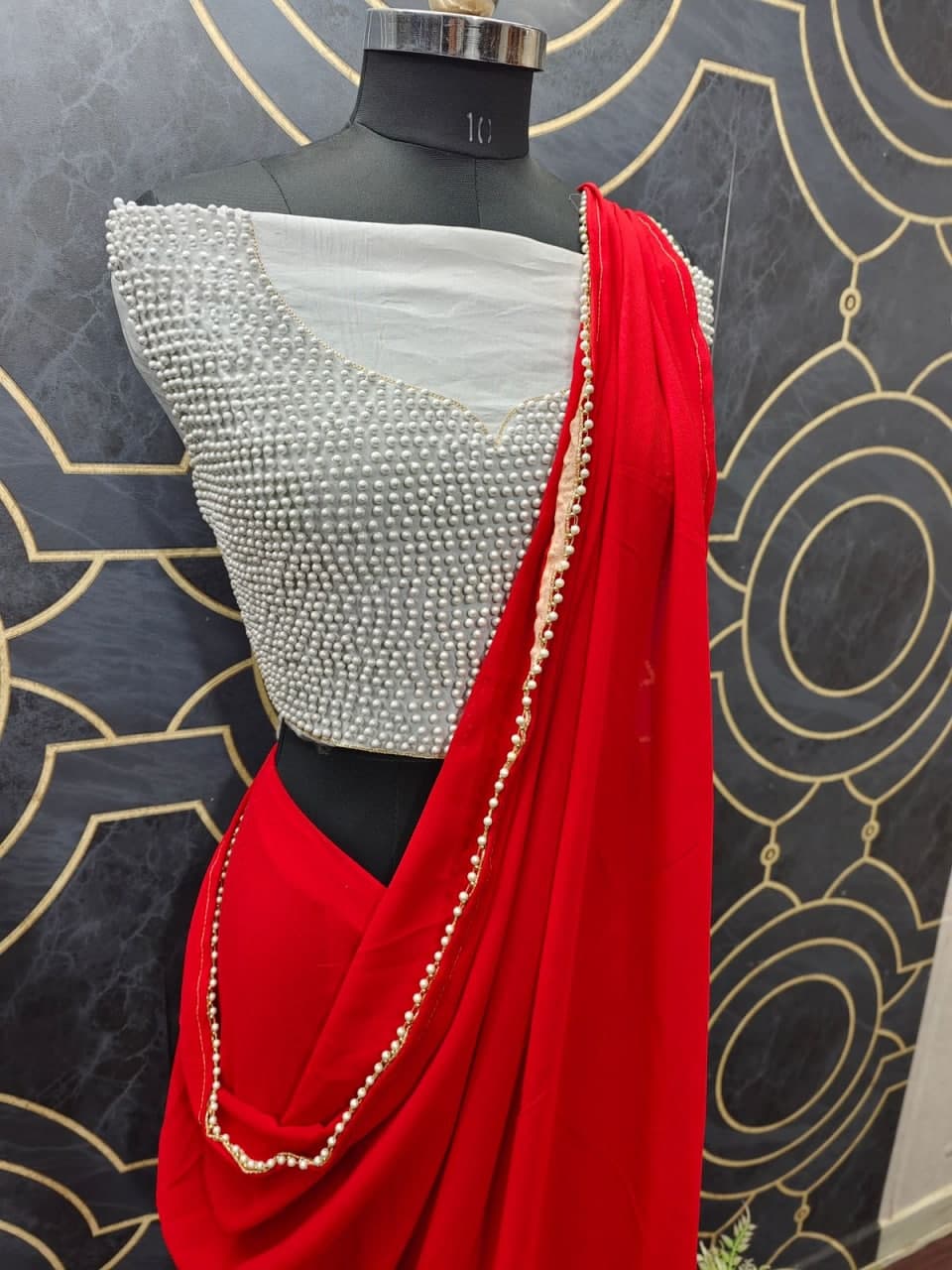 Red Saree In Georgette Silk With Moti Lace Border Work
