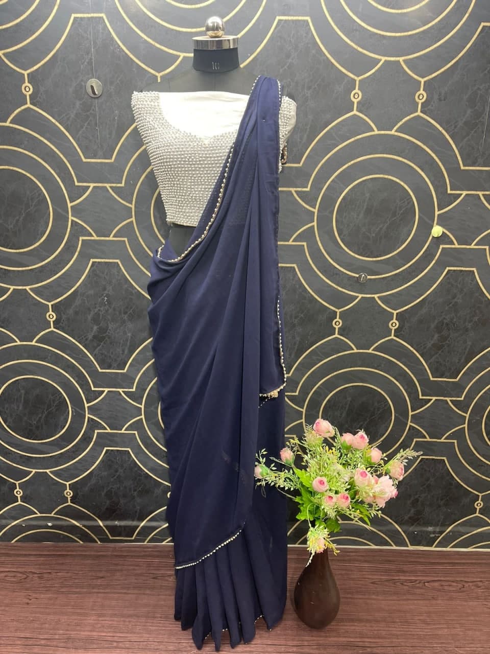 Blue Saree In Georgette Silk With Moti Lace Border Work