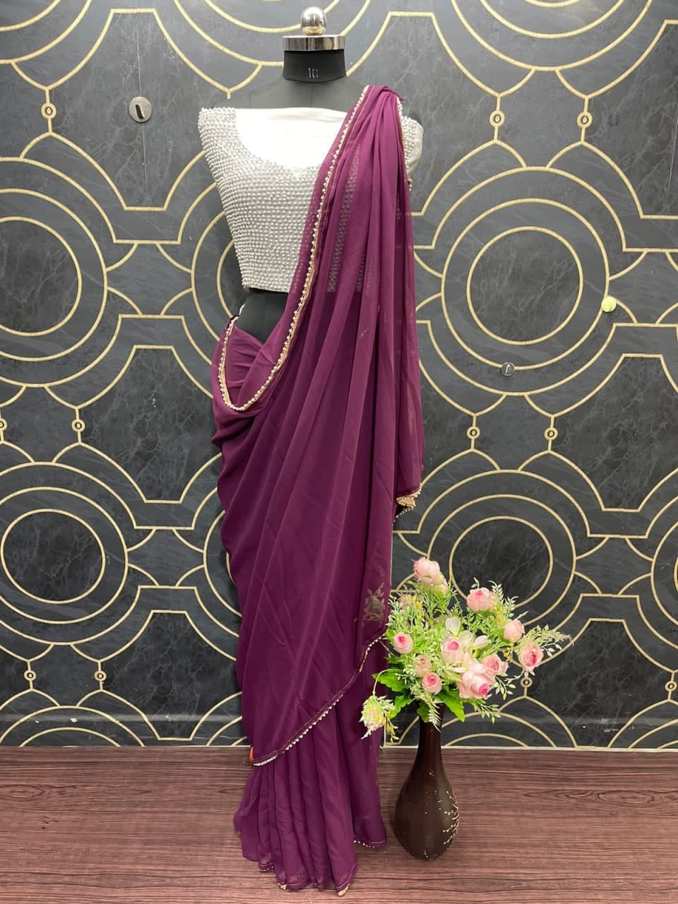 Wine Saree In Georgette Silk With Moti Lace Border Work