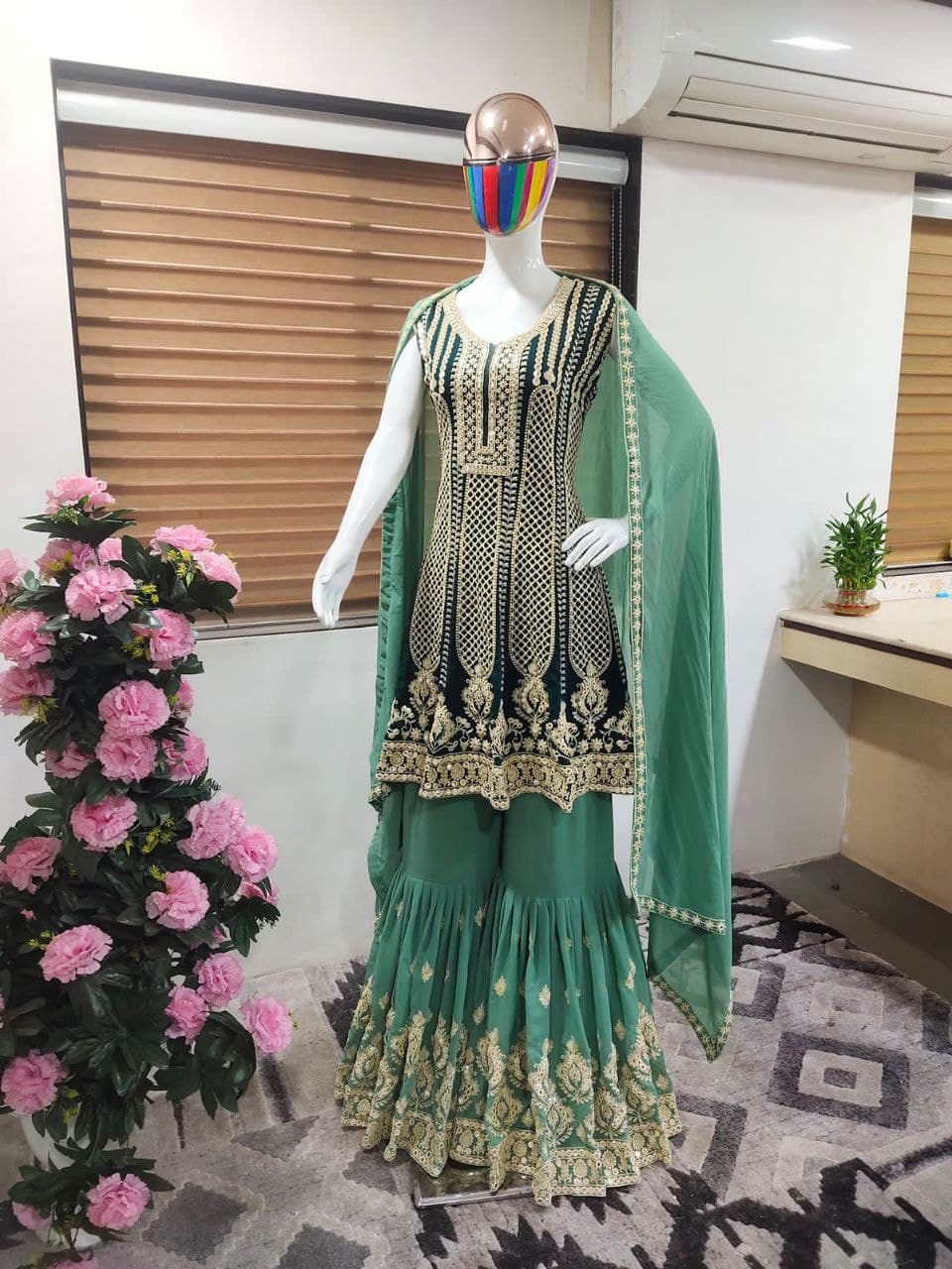 Green Sharara Suit In Faux Georgette With Heavy Embroidery Work