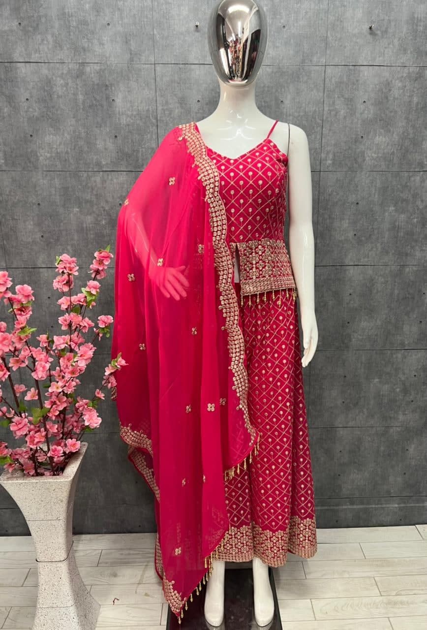 Rani Pink Palazzo Suit In Heavy Pure Georgette With Embroidery Zari Work