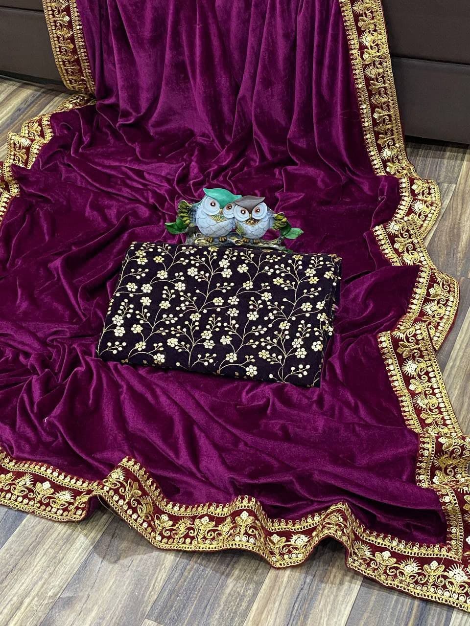 Wine Saree In 9000 Velvet With Sequence Dori Embroidery Work