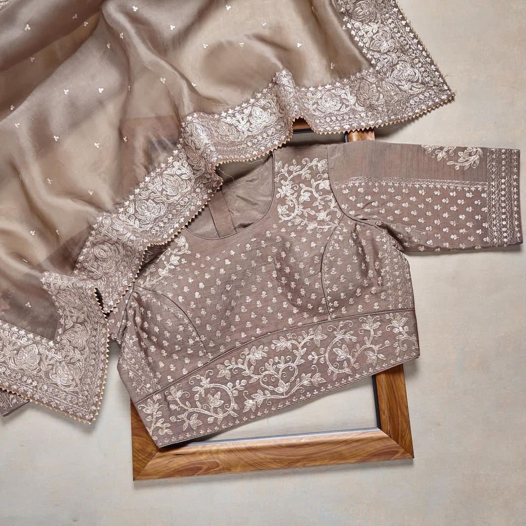 Chiku Saree In Organza Silk With Embroidery Cording Work