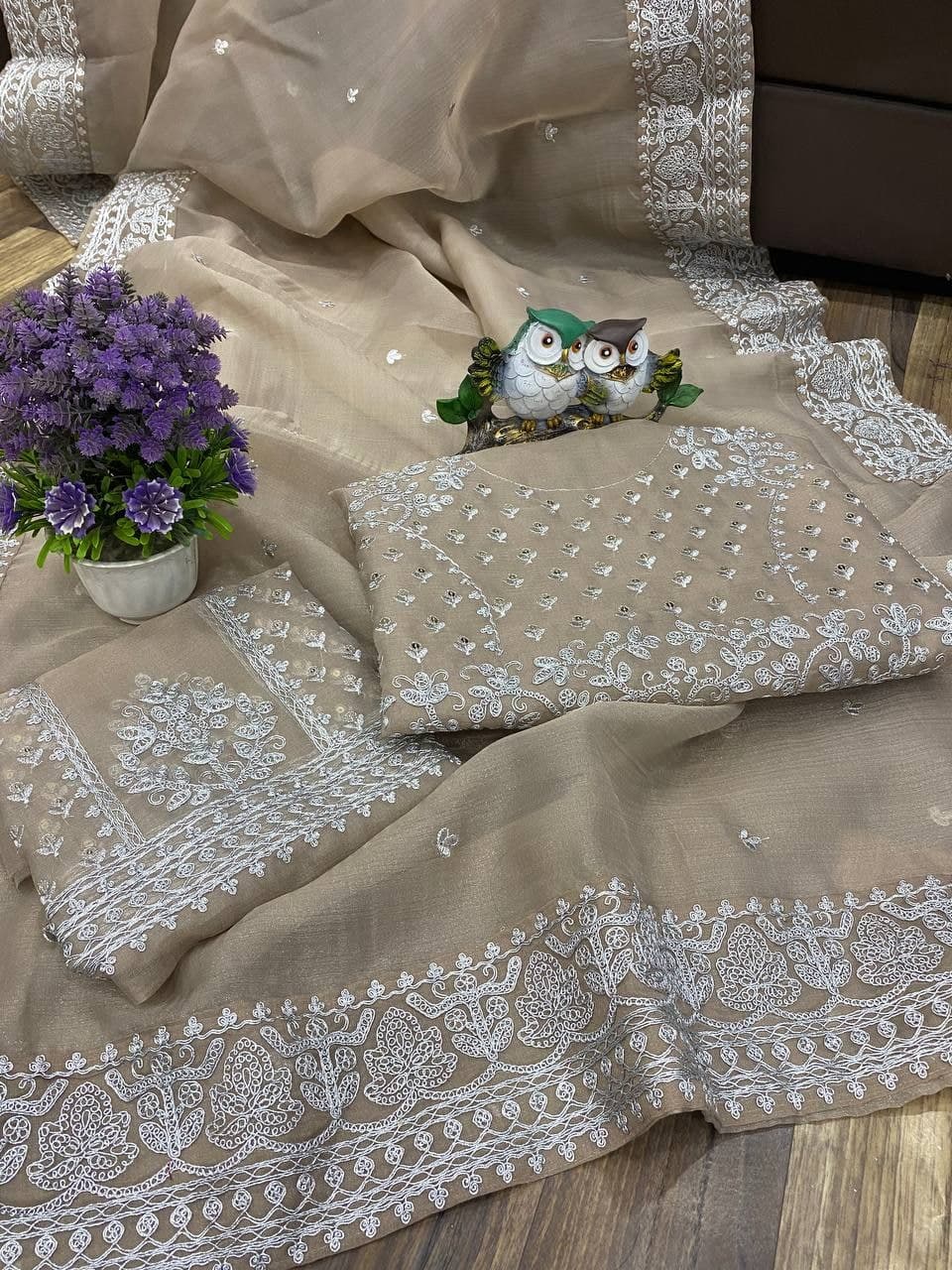 Chiku Saree In Organza Silk With Embroidery Cording Work