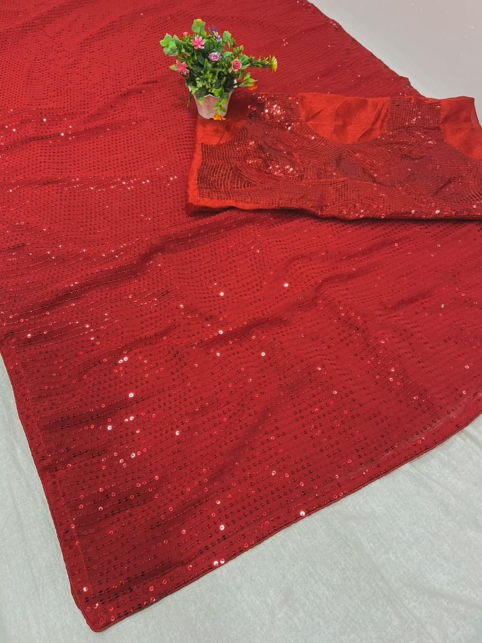 Red Saree In Georgette Silk With Sequence Work