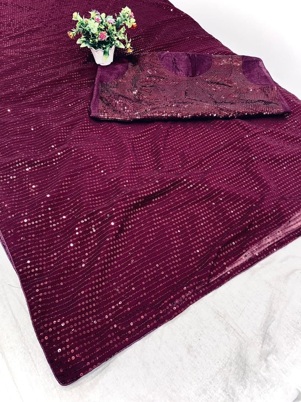 Wine Saree In Georgette Silk With Sequence Work