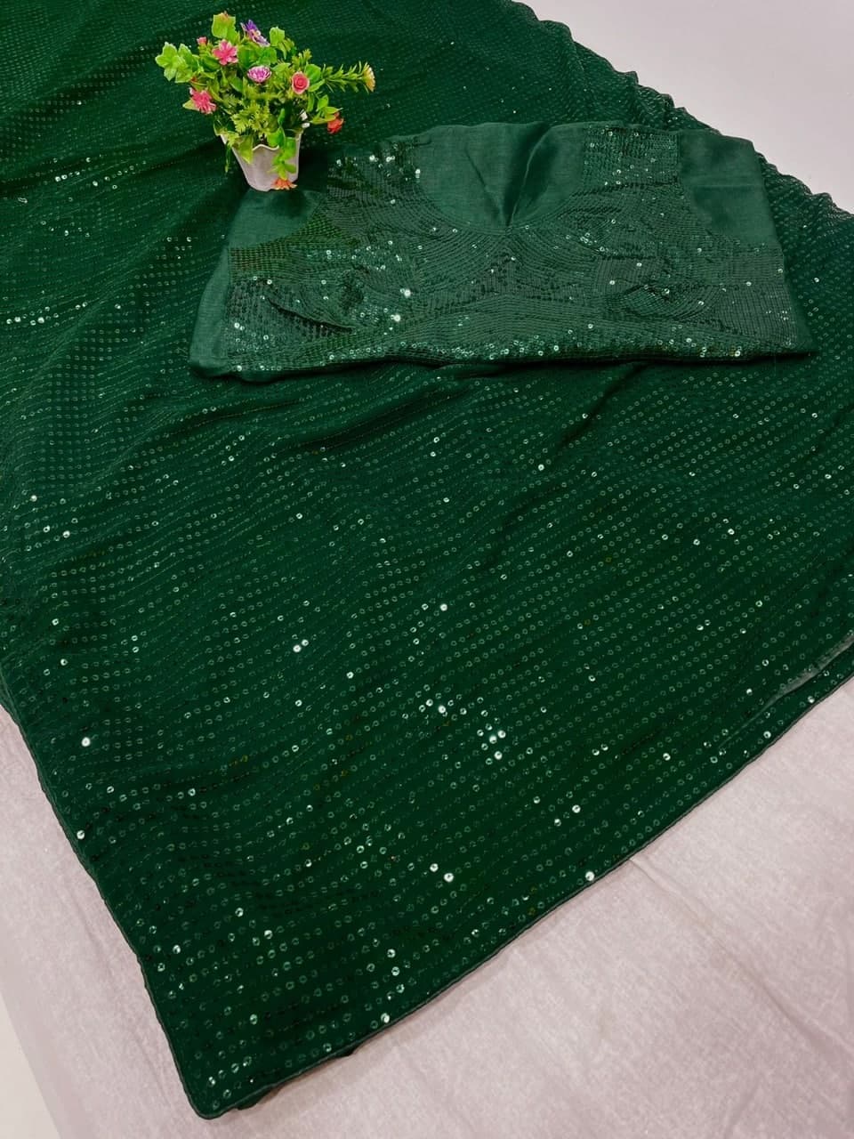 Green Saree In Georgette Silk With Sequence Work