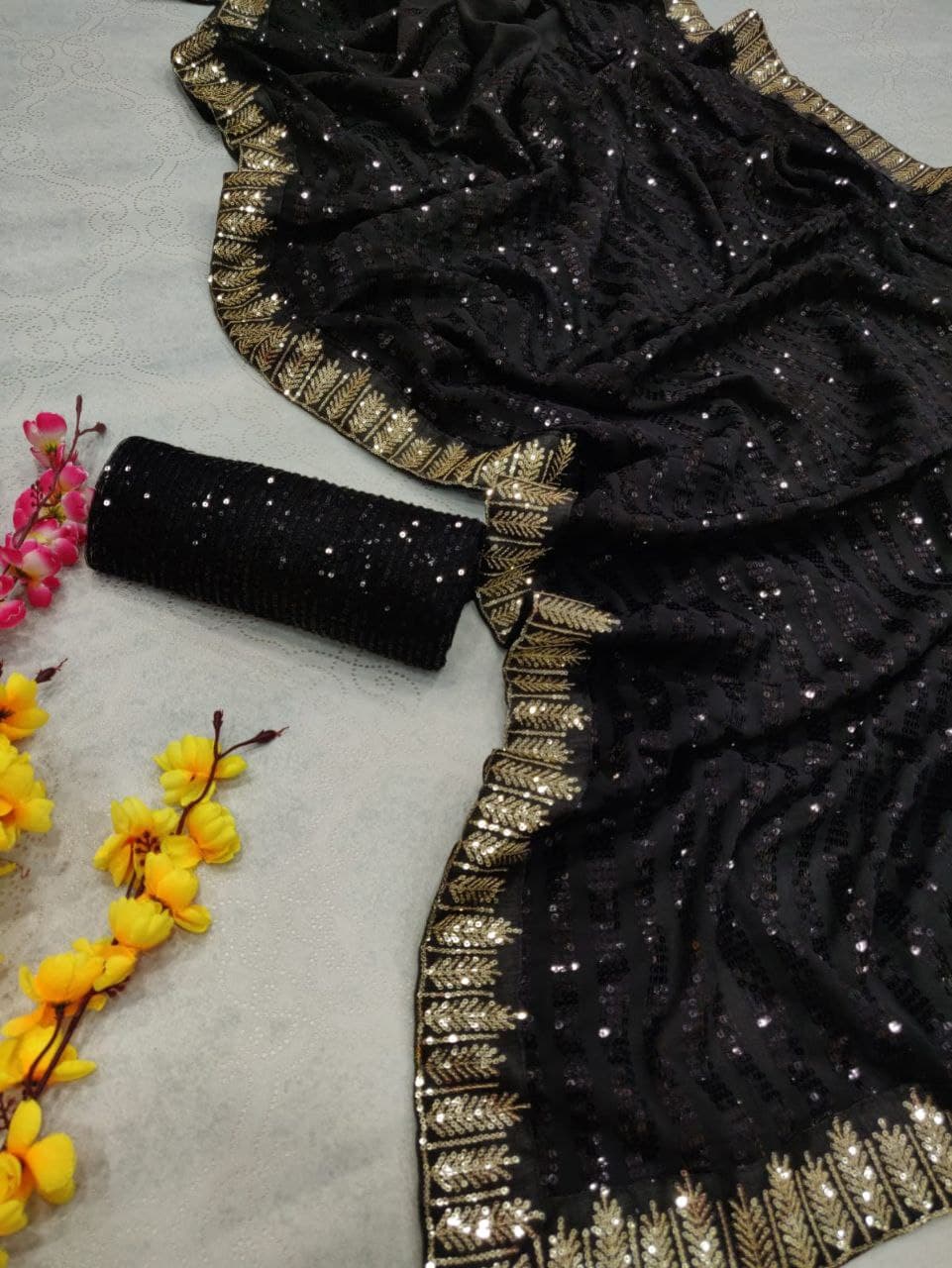 Black Saree In Georgette Silk With Sequence Embroidery Work