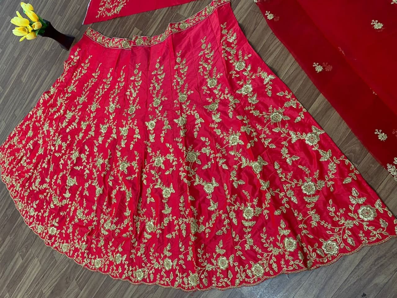 Red Lehenga Choli In Malai Satin Silk With Embroidery Work