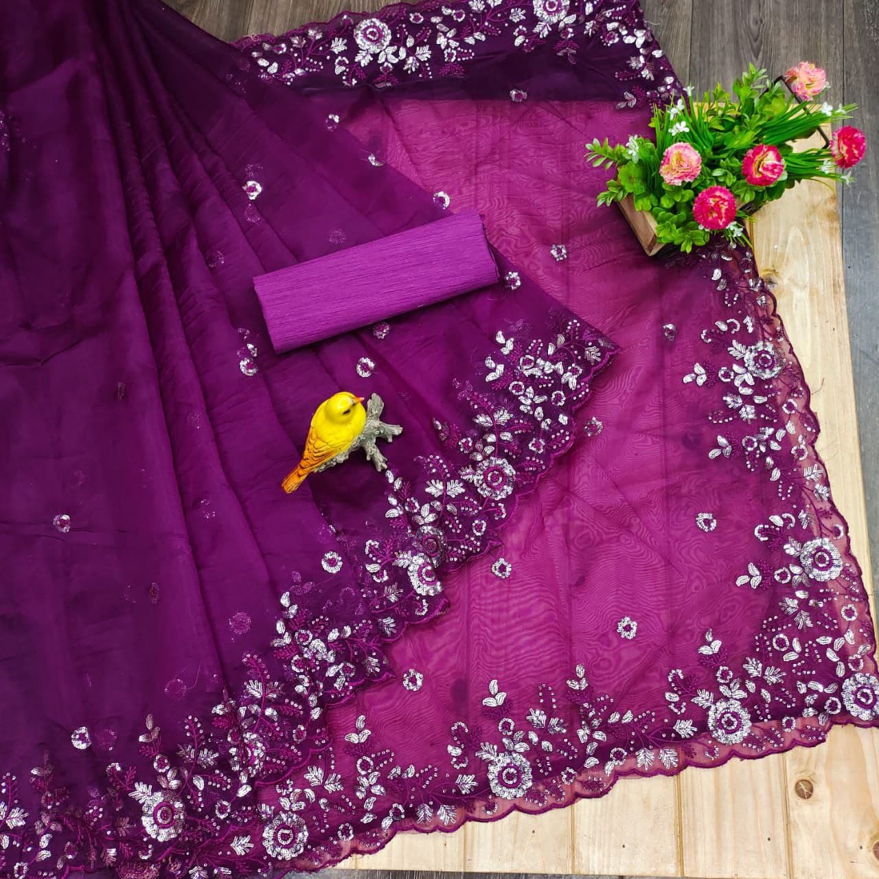 Wine Saree In Organza Silk With Embroidery Multi Sequence Work