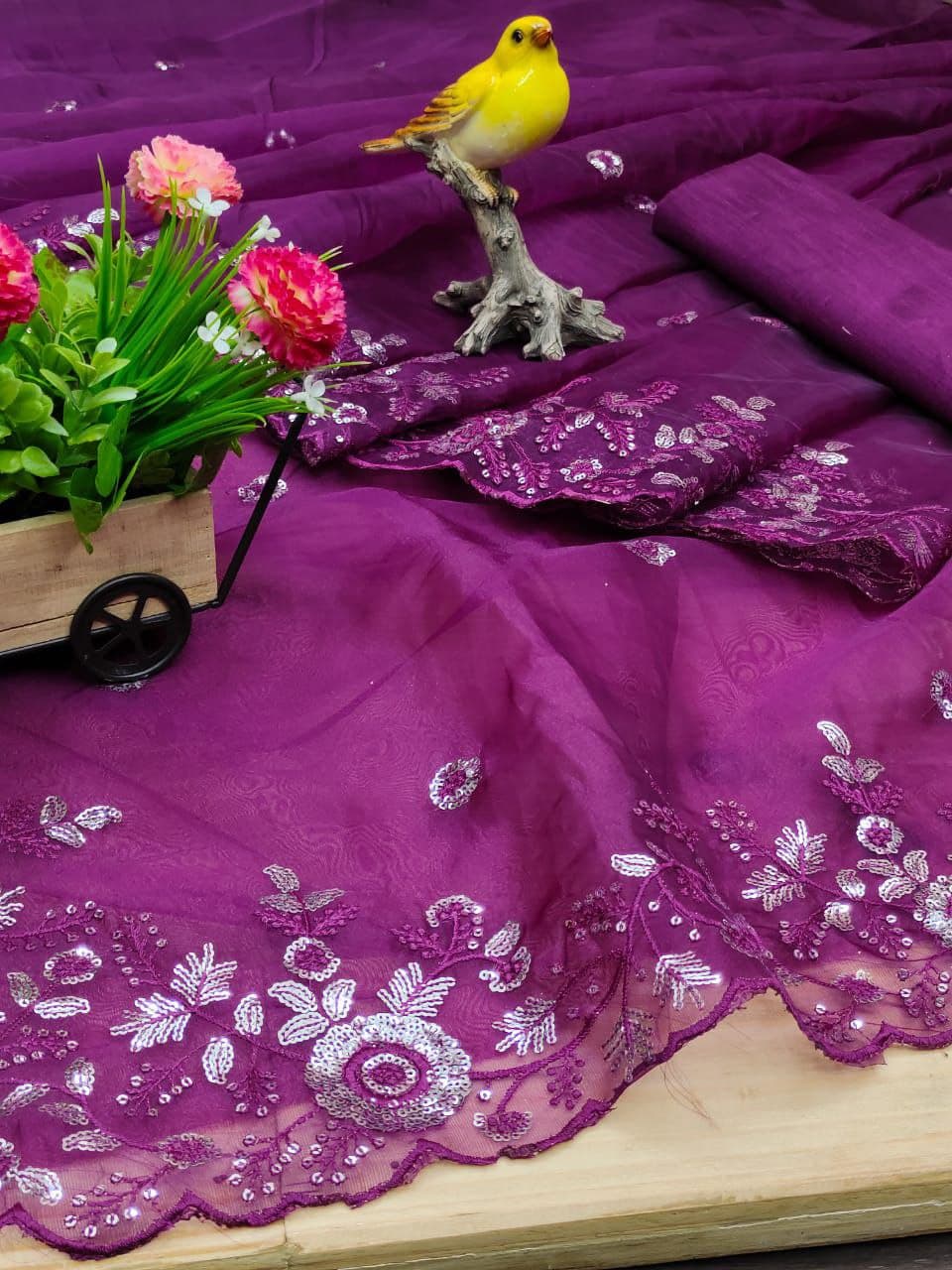 Wine Saree In Organza Silk With Embroidery Multi Sequence Work