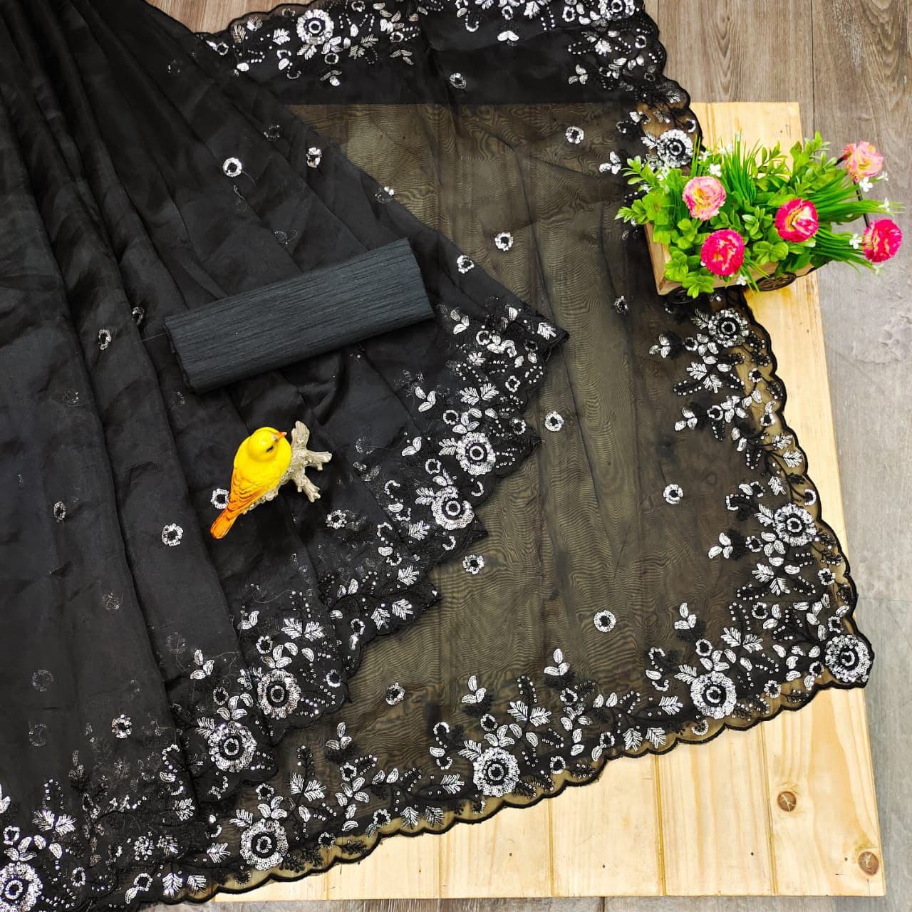 Black Saree In Organza Silk With Embroidery Multi Sequence Work